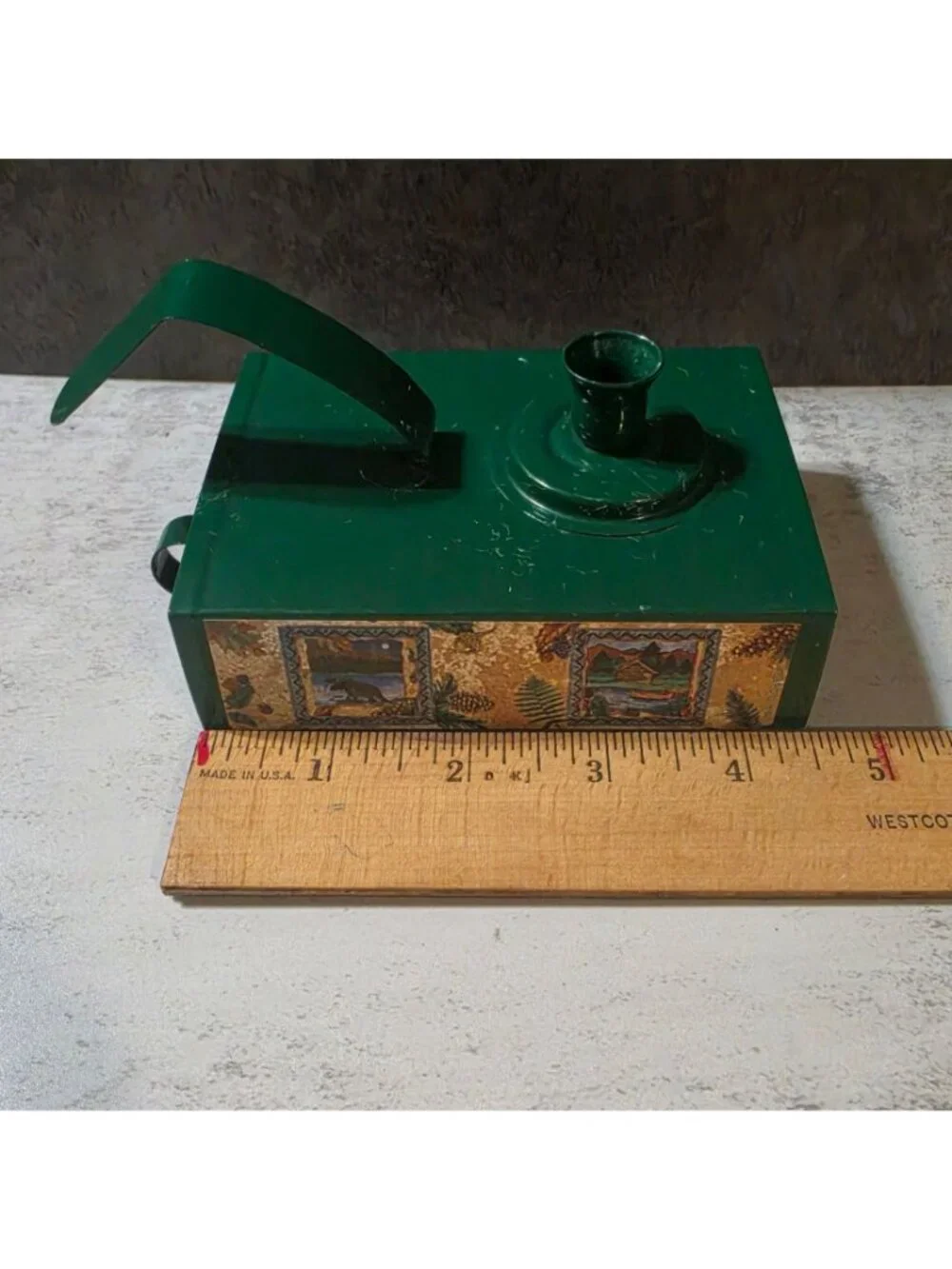 Vtg Green Metal Emergency Candle Tin Holder Storage Drawer Cabin Lodge Bear